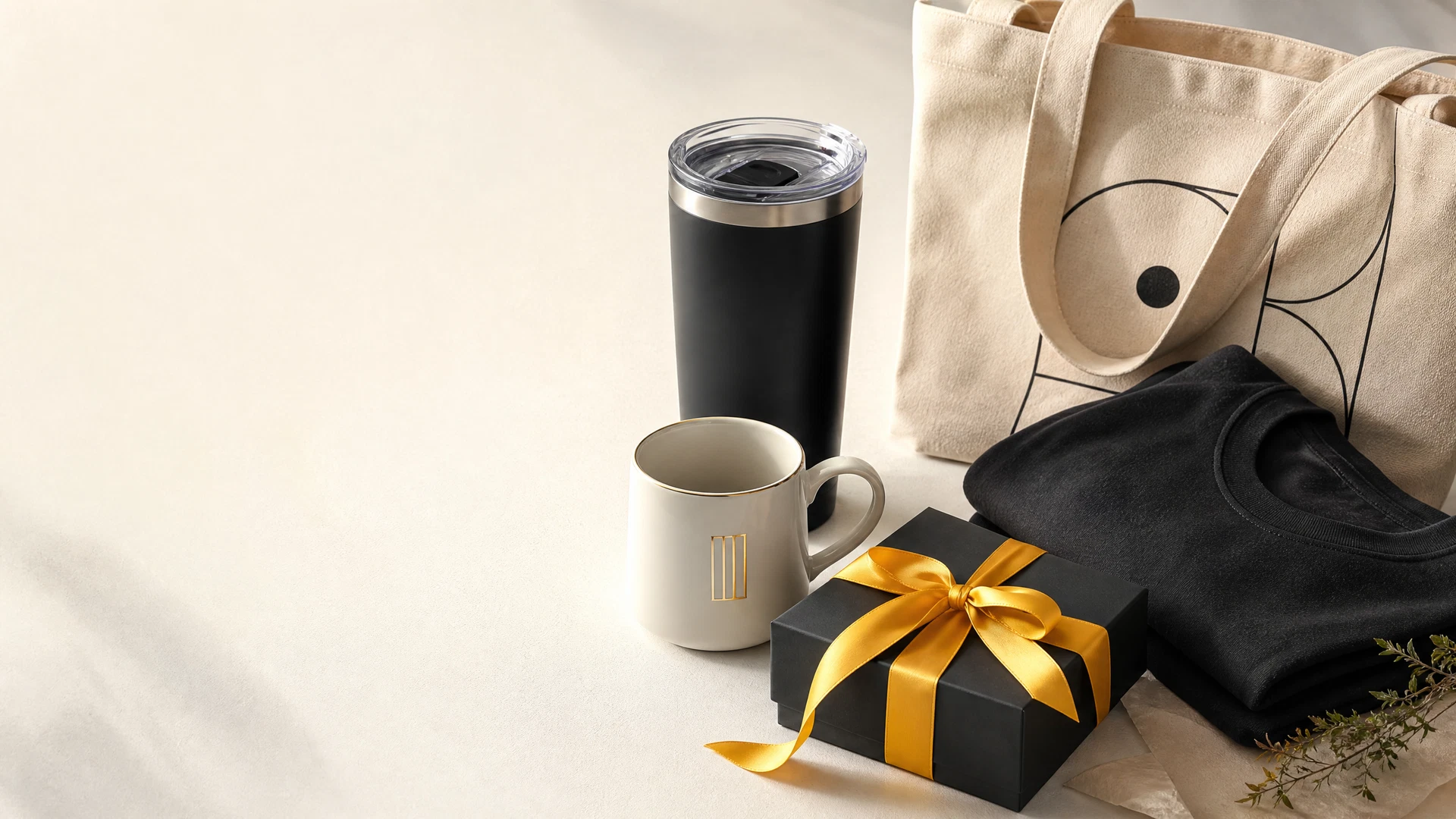 Seleção de brindes personalizados: copo térmico, caneca, ecobag, camiseta e caixa de presente
