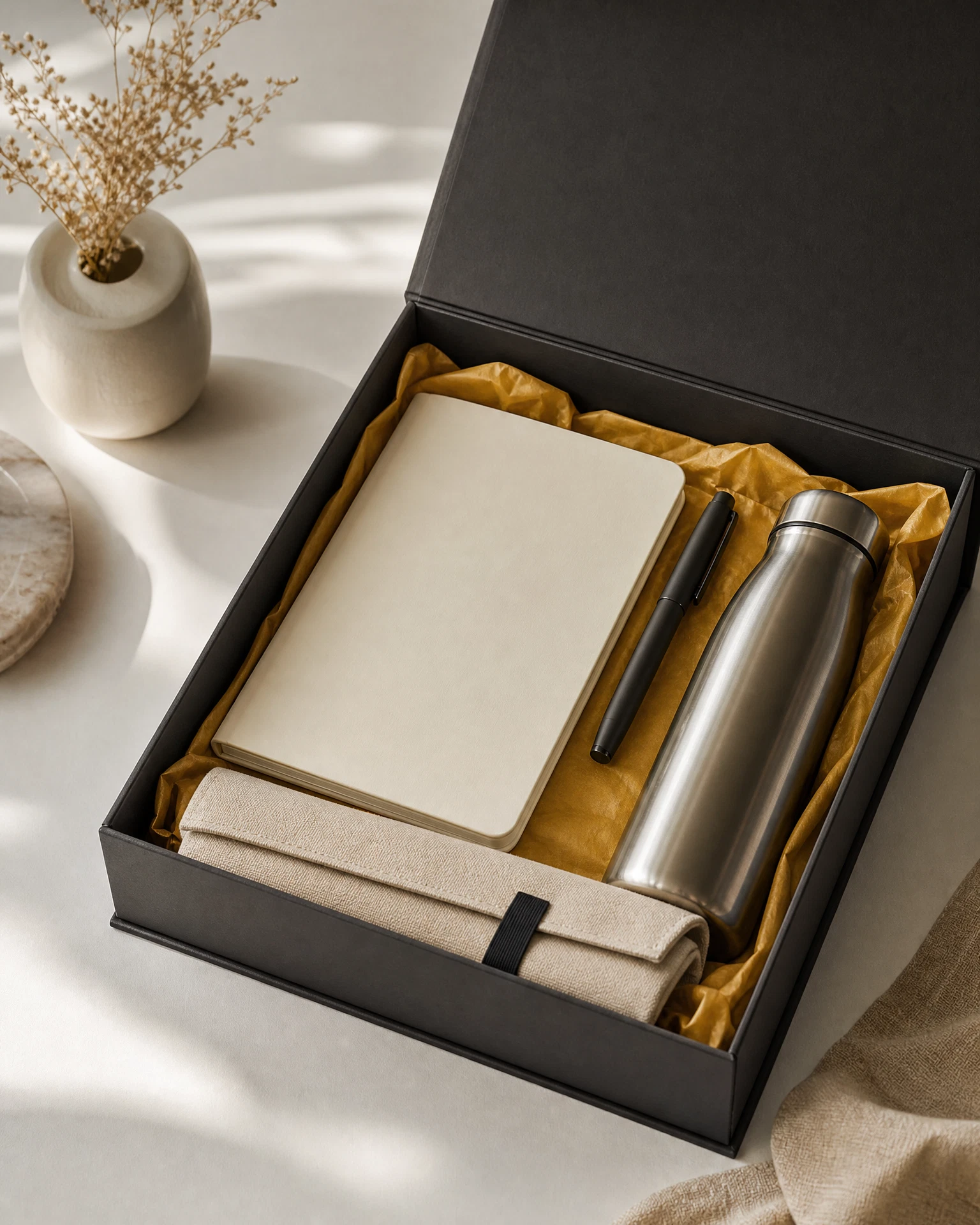 Kit corporativo personalizado com caderno, garrafa, caneta e embalagem